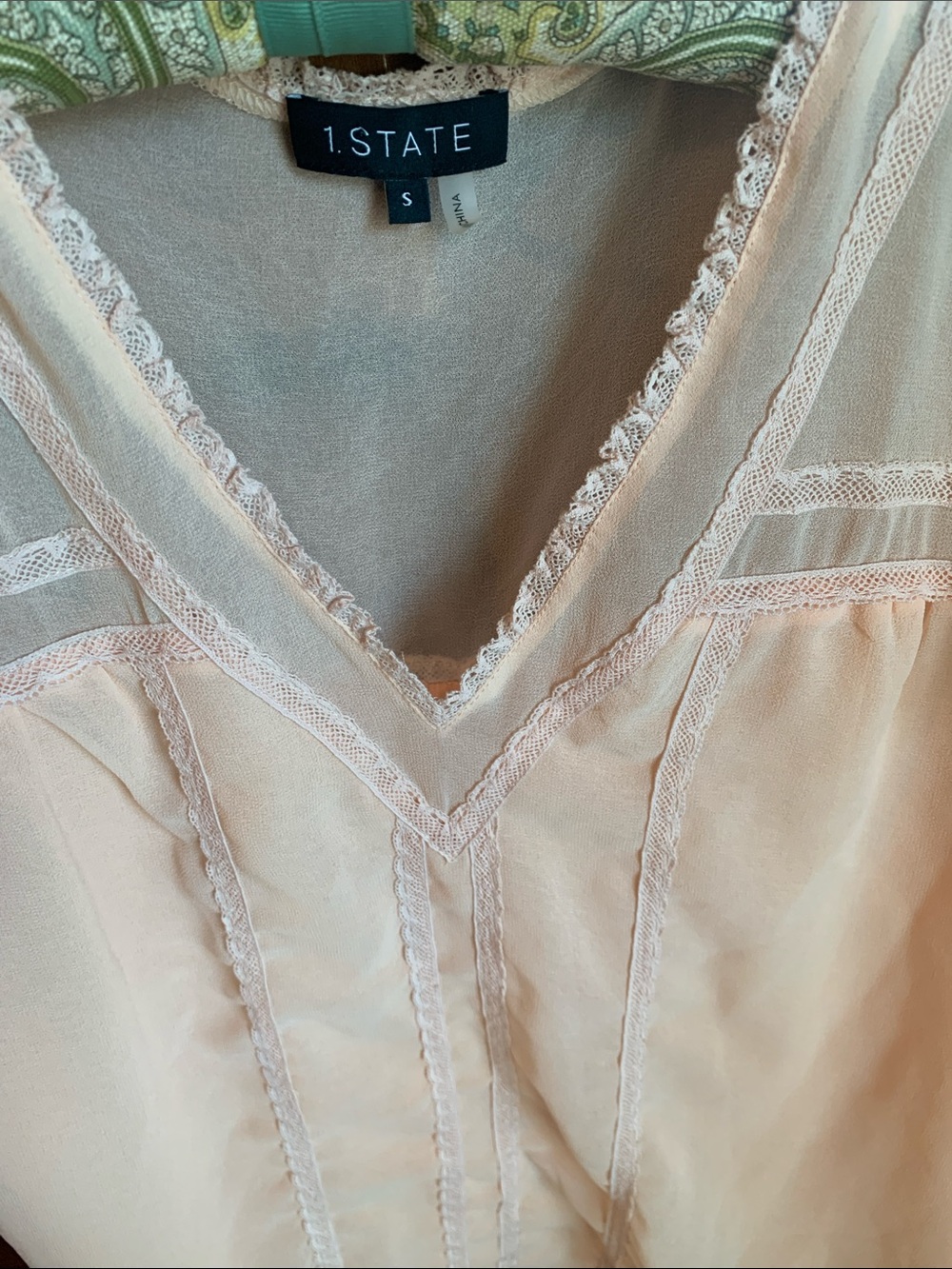 1. STATE Pale Peach Lace-Trim V-Neck Blouse